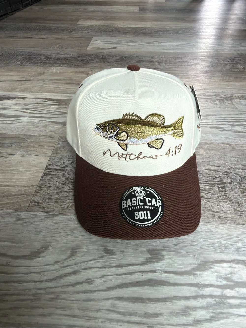 Embroidered Fish Trucker Hat - Cream and Brown by